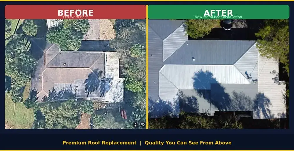 Before and after — worn shingle roof replaced with a new metal roof