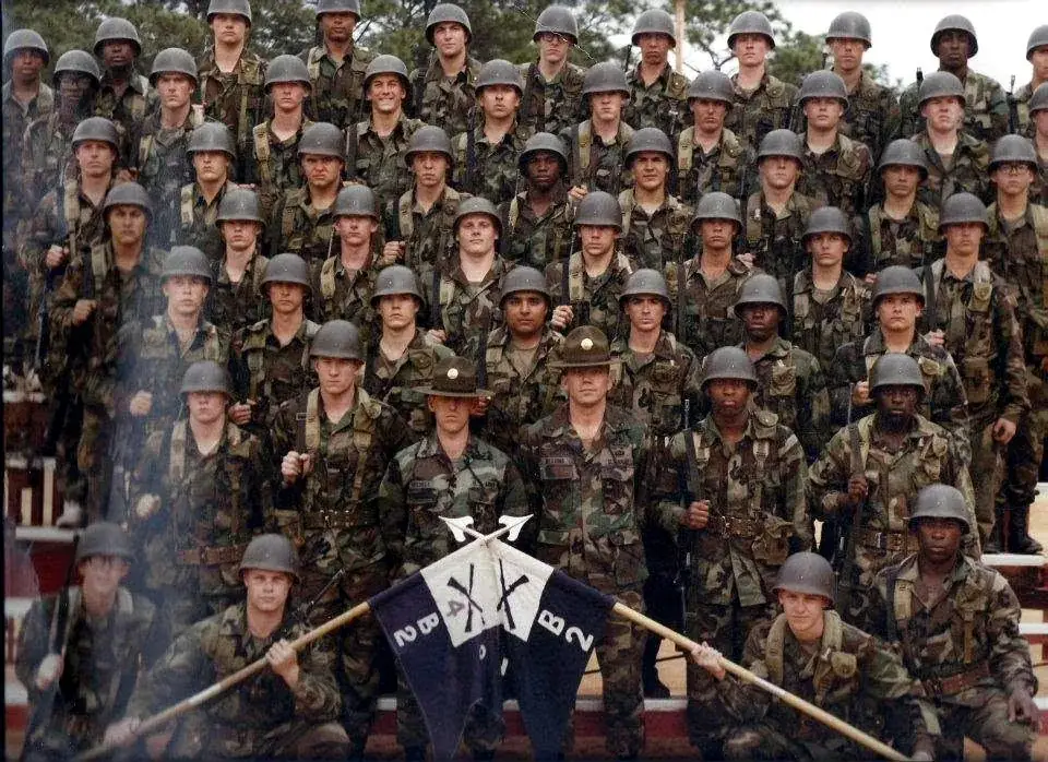 Basic training graduating class with company guidon